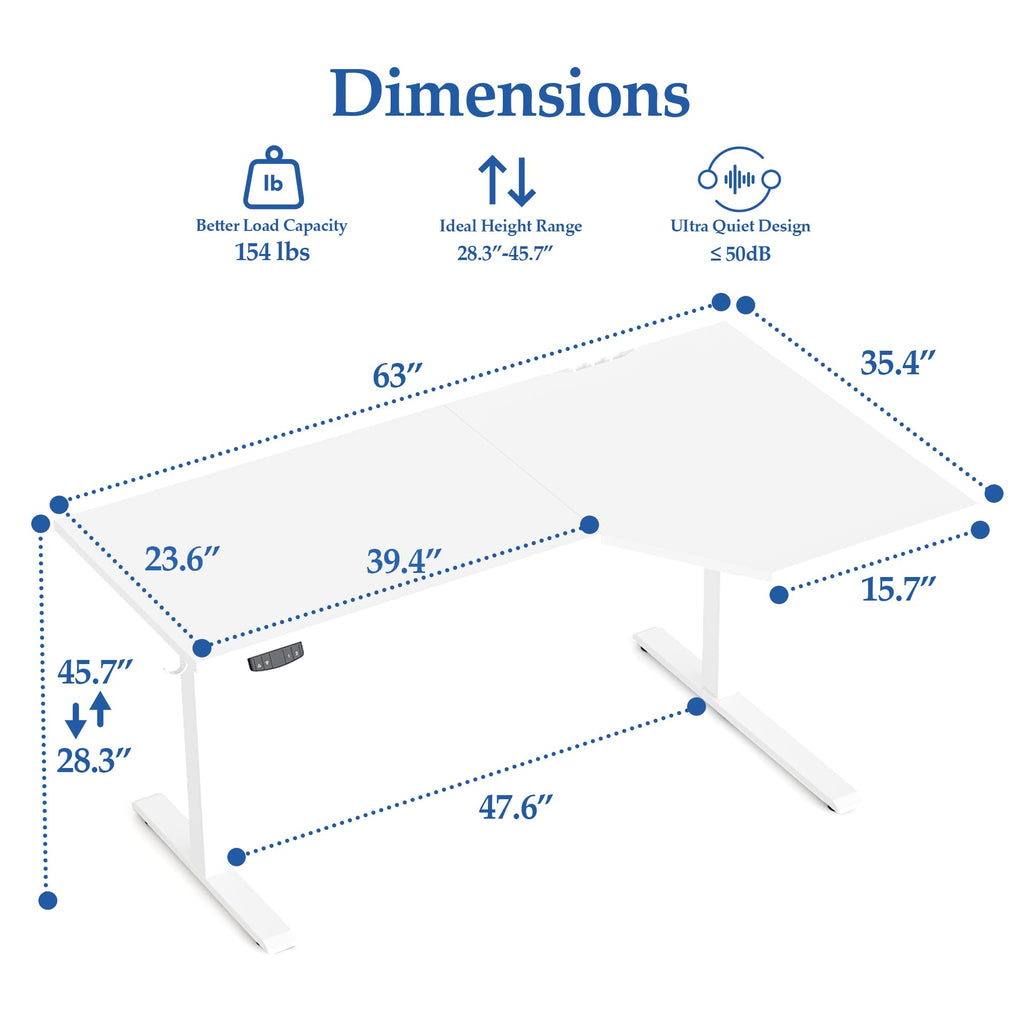 L Shaped Standing Desk, 63 Inch Corner Desk, White