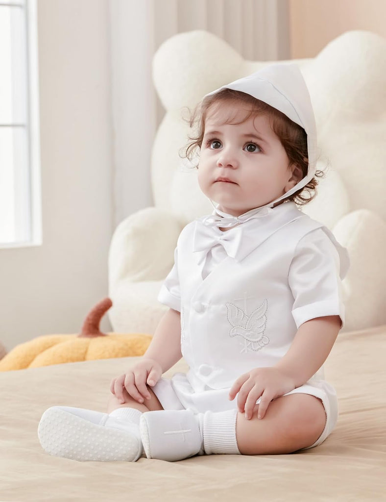 White Baby Boy Baptism Outfit Short Sleeve Set 3-18 Months