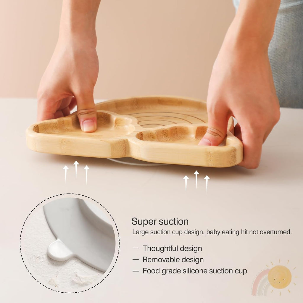 Bamboo Suction Plates Bowls Set for Baby Toddler Divided Platter Food bowl with Silicone Fork & Spoon All-Natural