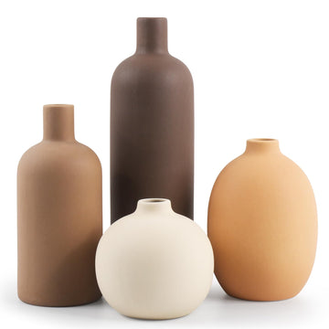 Ceramic Neutral Vase Set of 4 for Farmhouse Home Decor, Rustic Decorative Vases for Boho Living Room Centerpieces