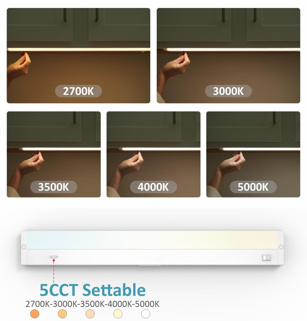 LED Under Cabinet Lighting Hardwired or Plug in, 12 Inch 6W, Dimmable 5 Color 2700K/3000K/3500K/4000K/5000K, Linkable