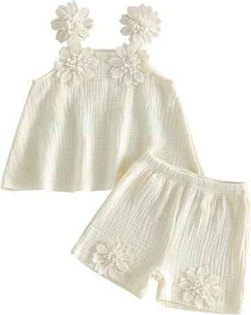 Toddler Baby Girl Clothes Decorative Flower Sleeveless Ruffle Top and Cute Shorts 2 Pcs Set Infant Casual Outfit