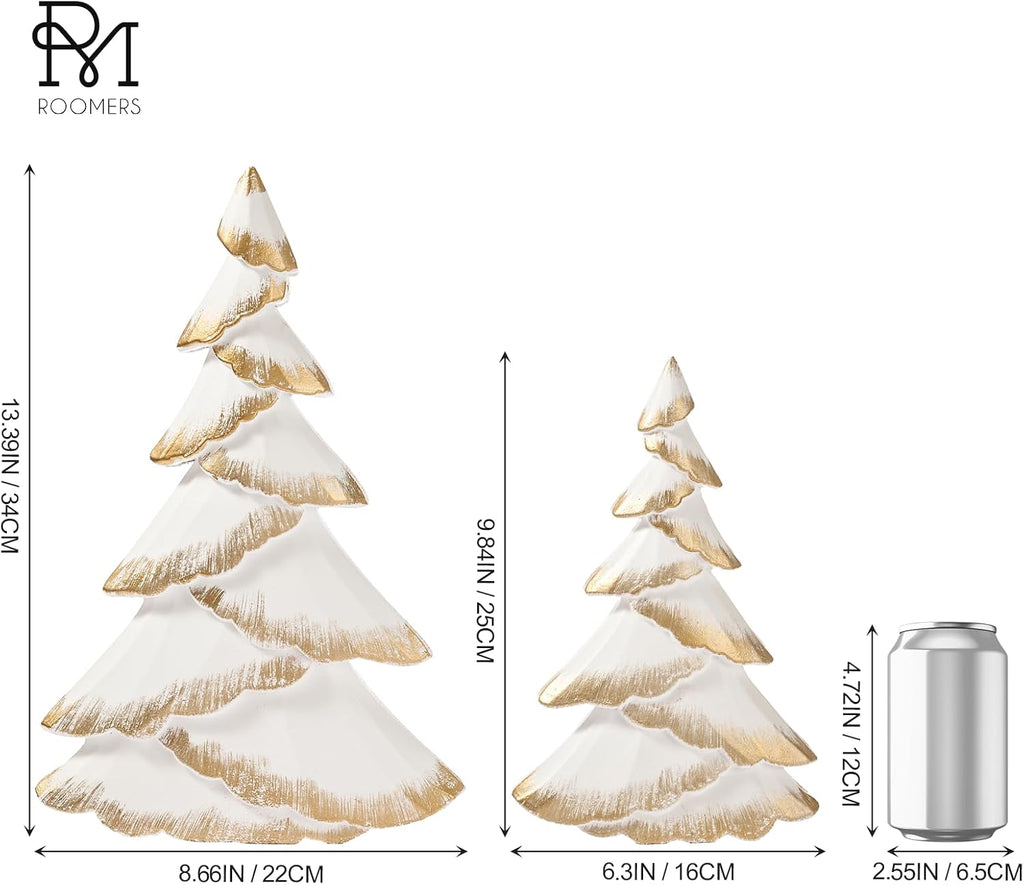 Christmas Tree Figurines Wood, 2PCS White & Gold Tabletop Trees