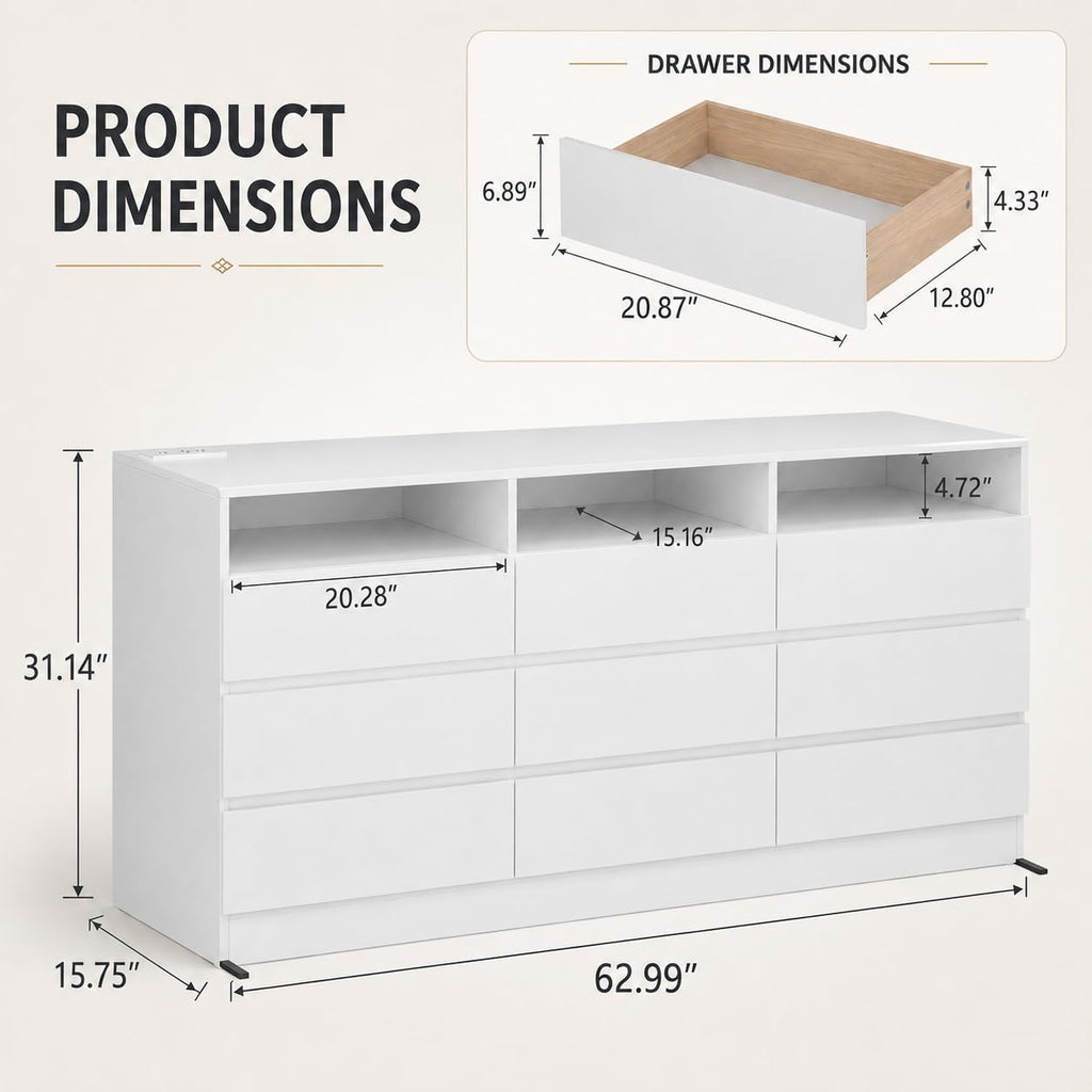 9 Drawer White Dresser with Charging Station Led Lights