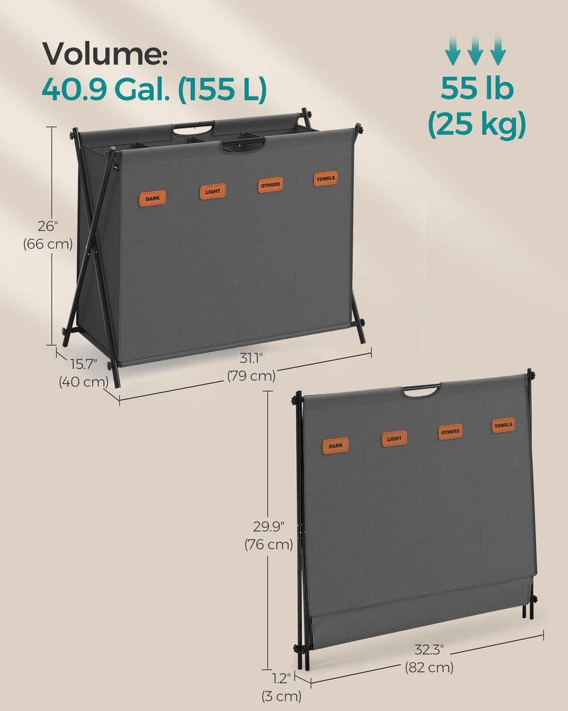 Laundry Hamper, 155L, 4 Sections, Collapsible X-Frame
