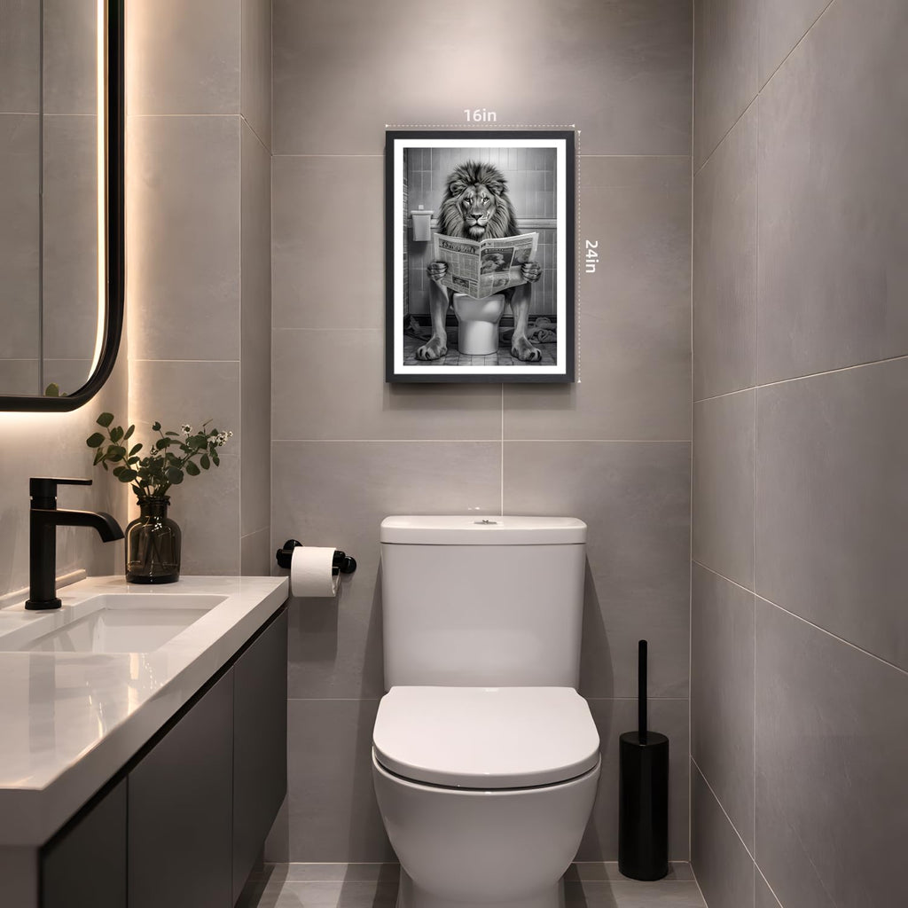 Wood Framed Funny Lion Bathroom Wall Art, Lion Reading Newspaper Toilet Wall Decor, Black and White Bathroom Canvas