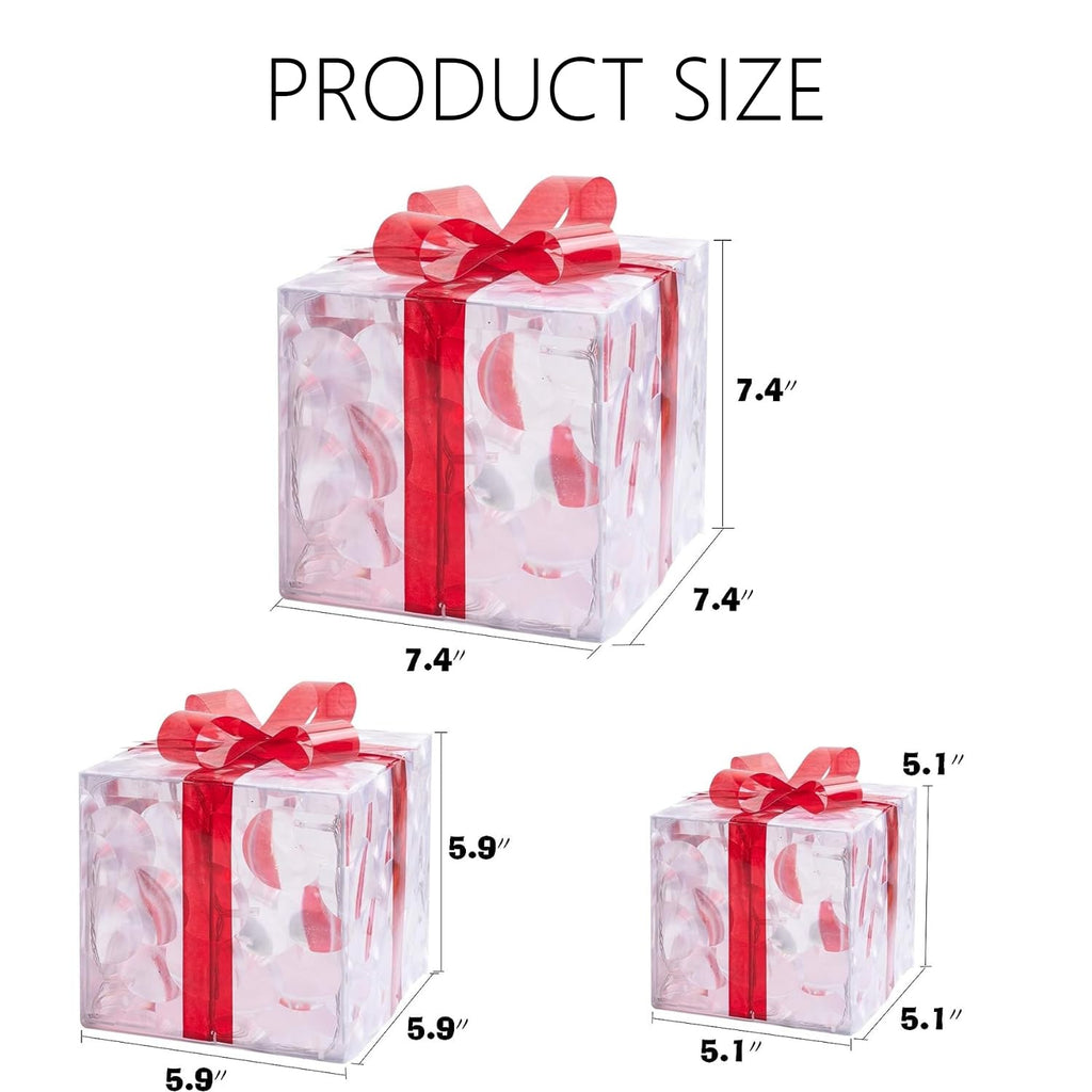 Set of 3 Christmas Lighted Gift Boxes, Pre-lit 60 LED Light Up Present Boxes Ornament Decorations with Ribbons for