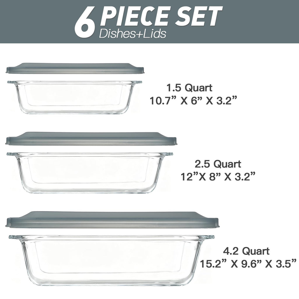6 Piece Extra Deep Glass Baking Dish with Lids, BPA free