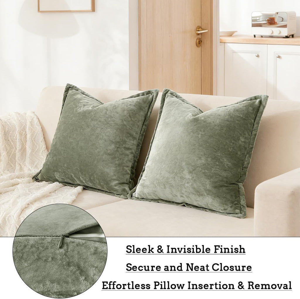 Luxurious Velvet Euro Shams Decorative Throw Pillow Covers 26x26 Set of 2 Solid Square Euro Pillow Shams, Army Green