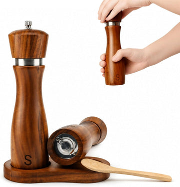 Wooden Salt and Pepper Grinder Set, 8 Inch Solid Hardwood Spice Mills with Adjustable Ceramic Rotor, Refillable - Set of 4