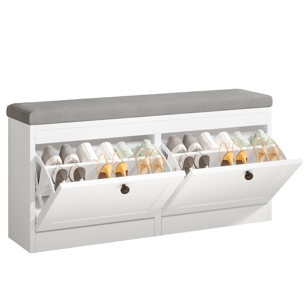Shoe Bench with 2 Flip Drawers, Shoe Organizer Storage Bench with Adjustable Shelves (White)