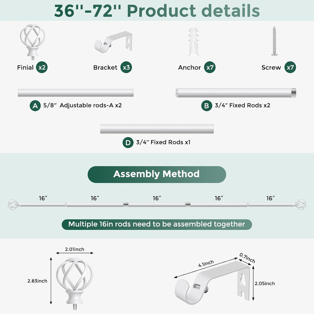 White Curtain Rod, Decorative Curtain Rods for Windows with Twisted Cage Finials, 3/4" Adjustable Heavy