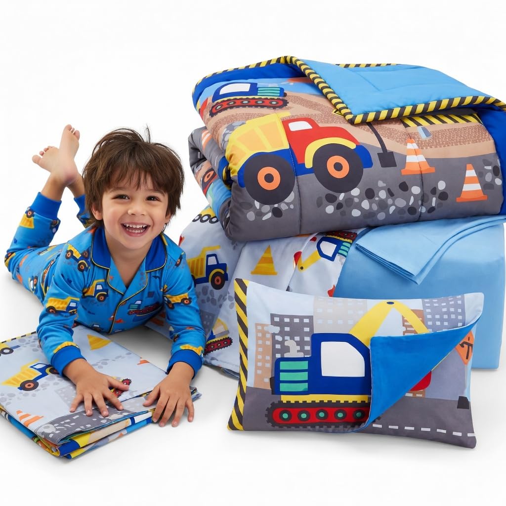 4 Piece Toddler Bedding Set - Under Construction - Includes Comforter, Flat Sheet, Fitted Sheet and Reversible
