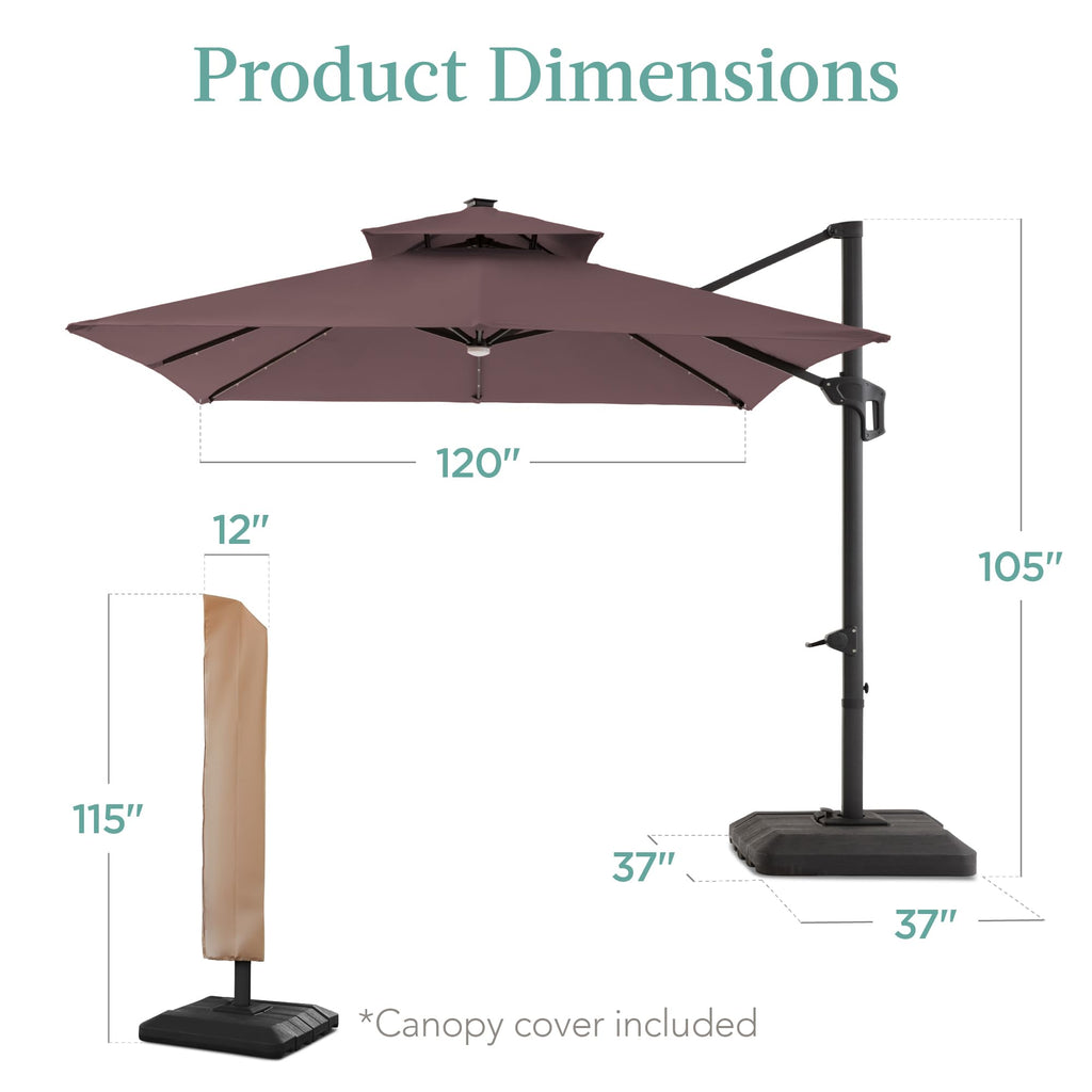 10x10ft Cantilever Patio Umbrella w/Base Included, Solar LED Lights 360 Rotation Large Offset Hanging Outdoor Shade