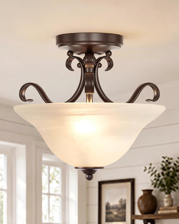 12" Retro Semi Flush Mount Ceiling Light, Brown Ceiling Light Fixture