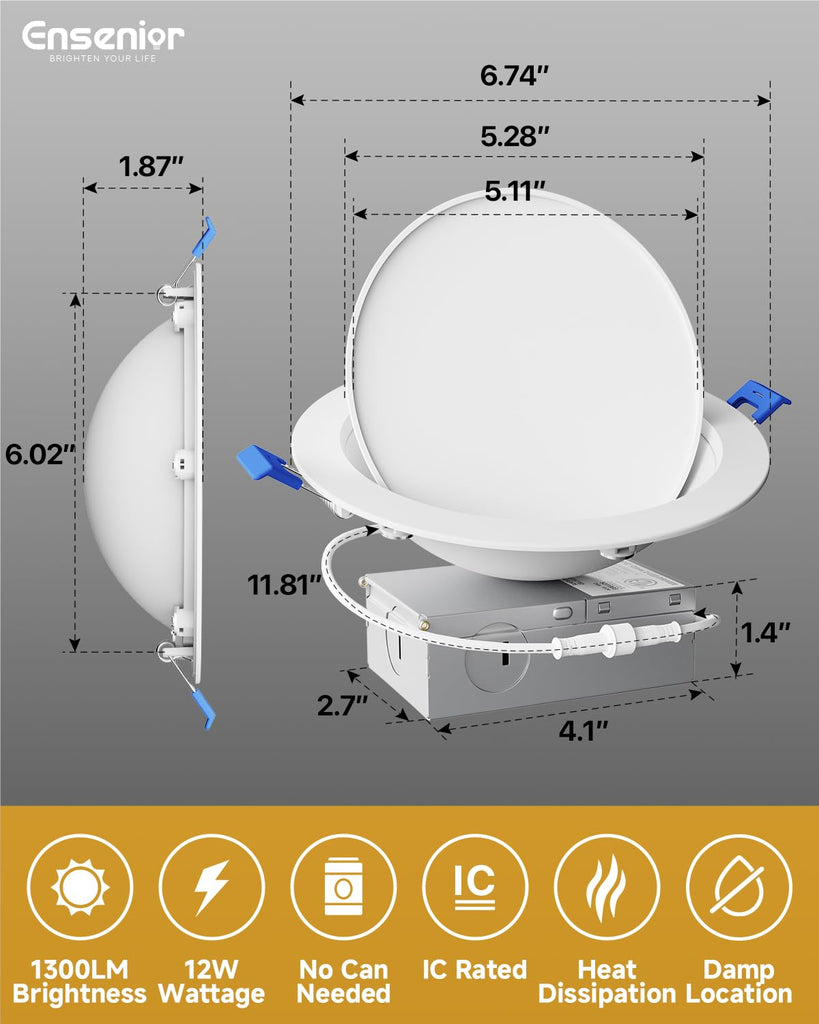 12 Pack 6 Inch LED Eyeball Gimbal Recessed Light, 5CCT Dimmable
