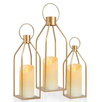 Elegant Gold Decorative Lanterns Set of 3-19/16/13 Inch Metal Indoor Lanterns Decorative with Flickering LED Candles