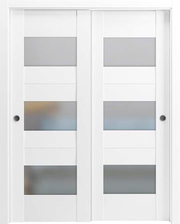Sete 6003 Bypass Interior Doors with Frosted Glass, MDF, 84x80, White, Modern Style Hardware Include
