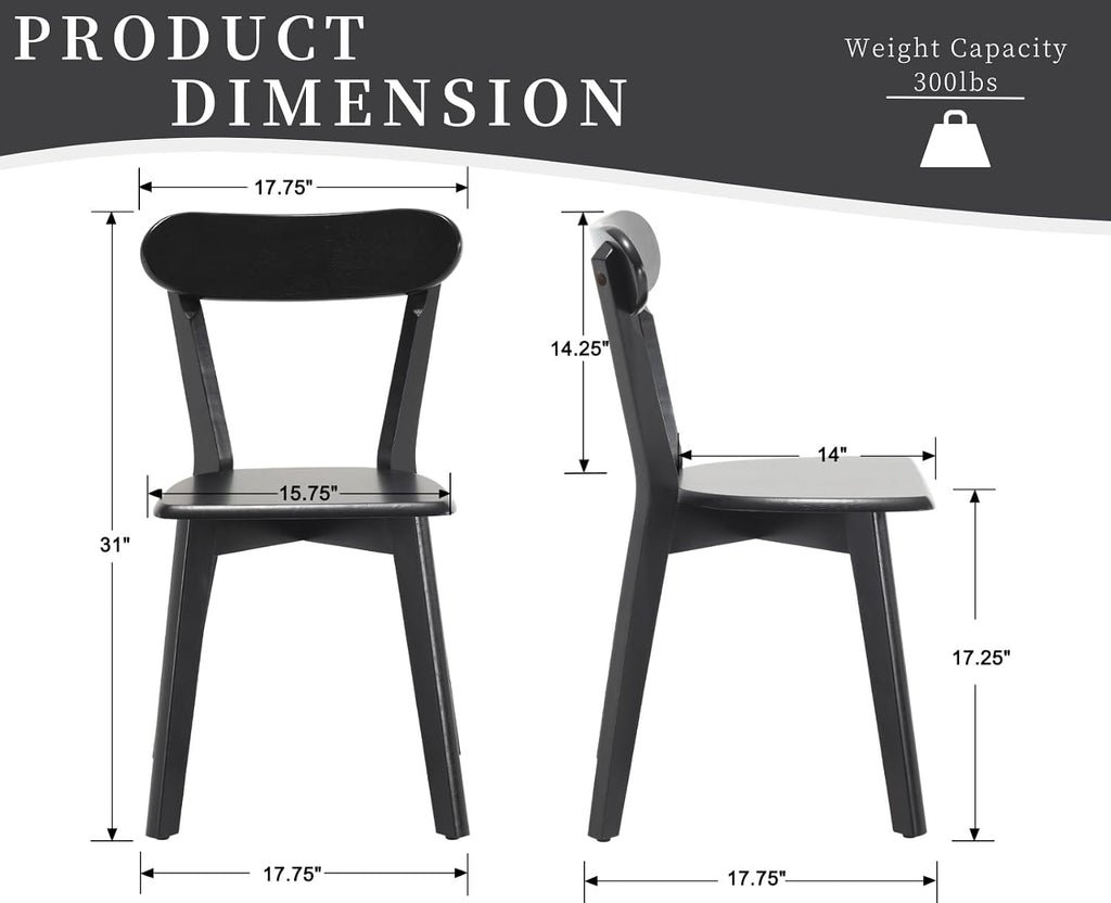 Black Wooden Dining Chairs Set of 4, Mid Century Modern Solid Rubberwood Armless Kitchen & Dining Chairs with Curved