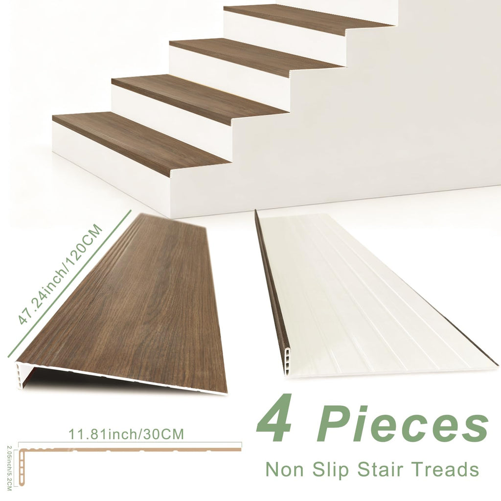 Non Slip Stair Treads for Stair Remodel, 4 Pieces 47x11.8 inch Wood Plastic Composite Stair Treads Decor with 2 inch