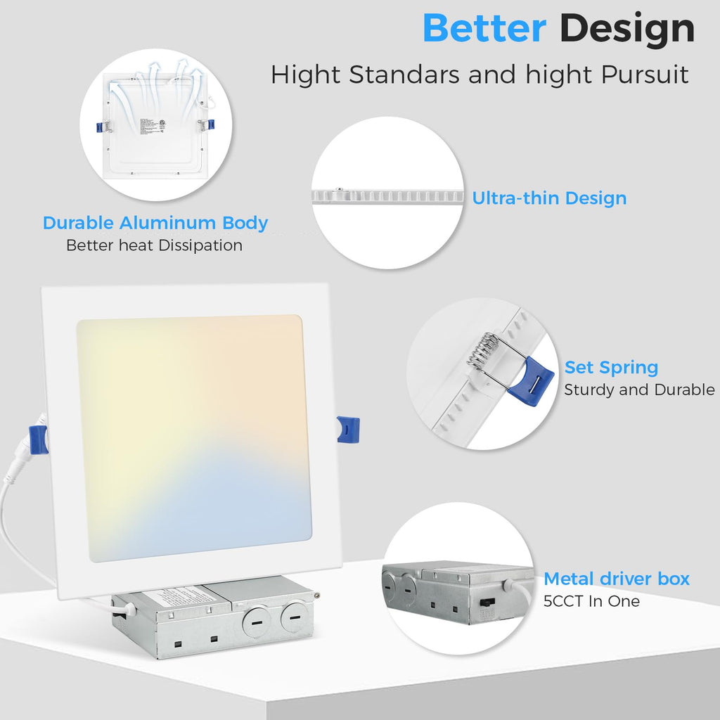 4 Pack 8 Inch Square LED Recessed Lighting, 20W Dimmable, 5CCT