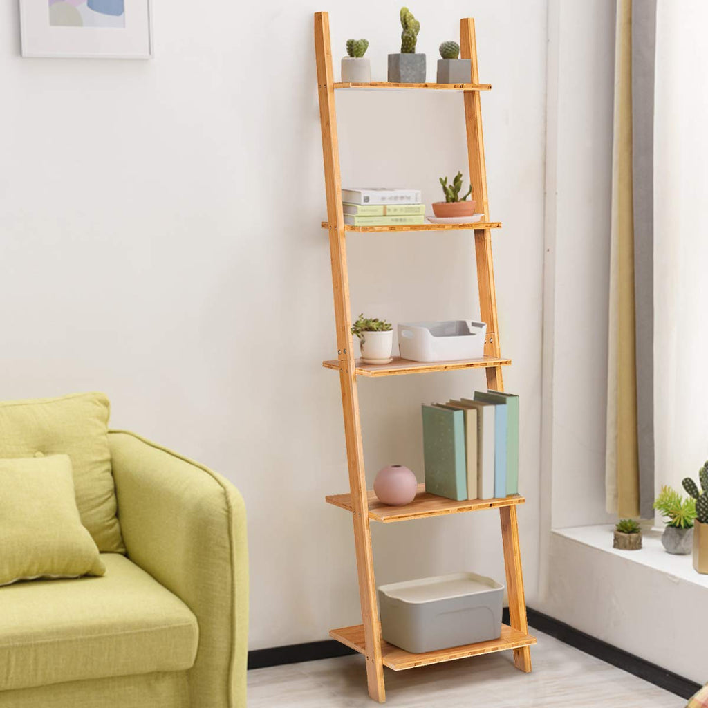 5-Tier Ladder Shelf Bookshelf, 65"H Bamboo Wall-Leaning Bookcase