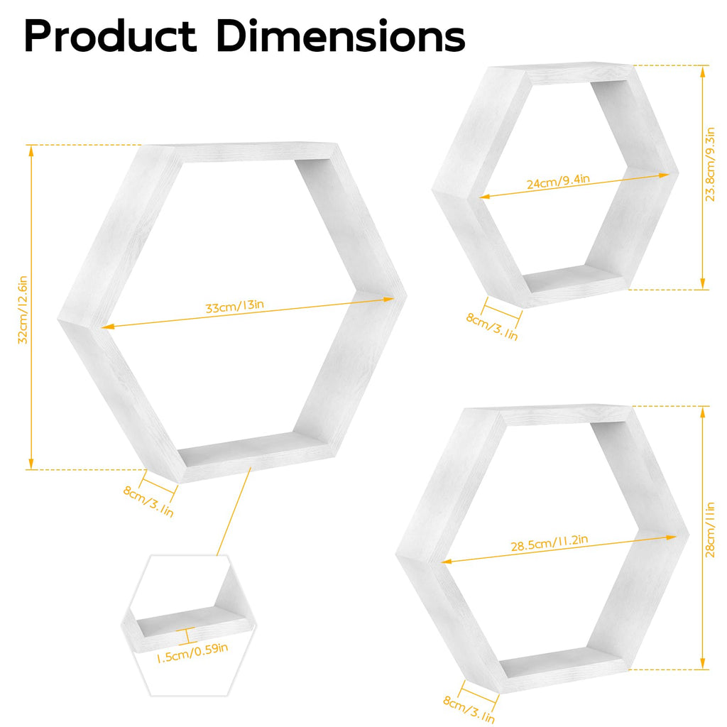 Hexagon Floating Shelves Set of 3, White Wooden Hexagon Shelves for Wall Decor, Modern Honeycomb Floating Hanging
