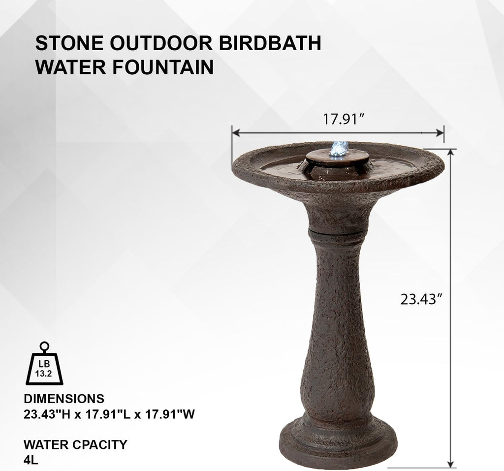 23.43" Tiered Freestanding Classic Bird Bath Outdoor Water Fountain Resin with Auto Shut-Off Pump, Garden Decor