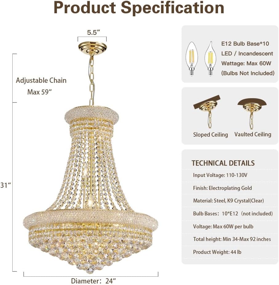 Modern Gold Crystal Chandelier Light - Diameter 23.6" Ceiling Haning Chandelier, Pendant Lighting for Living Room, Dining Room, Foyer, Entryway, Hallway A108-B0BRW322VT