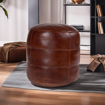 Round Shaped Buffalo Leather Eco-Friendly Brown Pouf - Round Pouf, 14"x14" x14", Plain Solid Pouf, Buffalo Leather