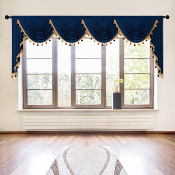 Navy Double-Sided Velvet Waterfall Valance for the Living Room Bedroom Curtains Valance with Gold Colorful Pom Pom