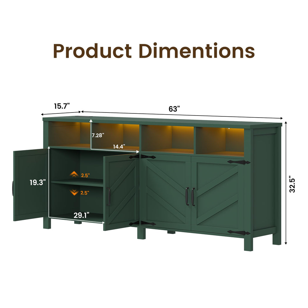 Buffet Sideboard with Storage with Power Outlets & LED Light, Large Farmhouse Kitchen Storage Cabinet Wood 4 Doors