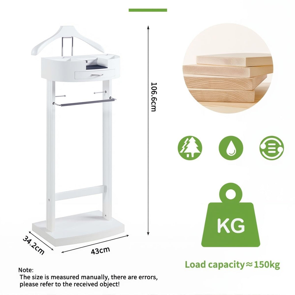 White Valet Stand For Women With Drawer Wood Suit Stand For Mens with Contour Hanger Trouser Shoe Rack Tie & Belt