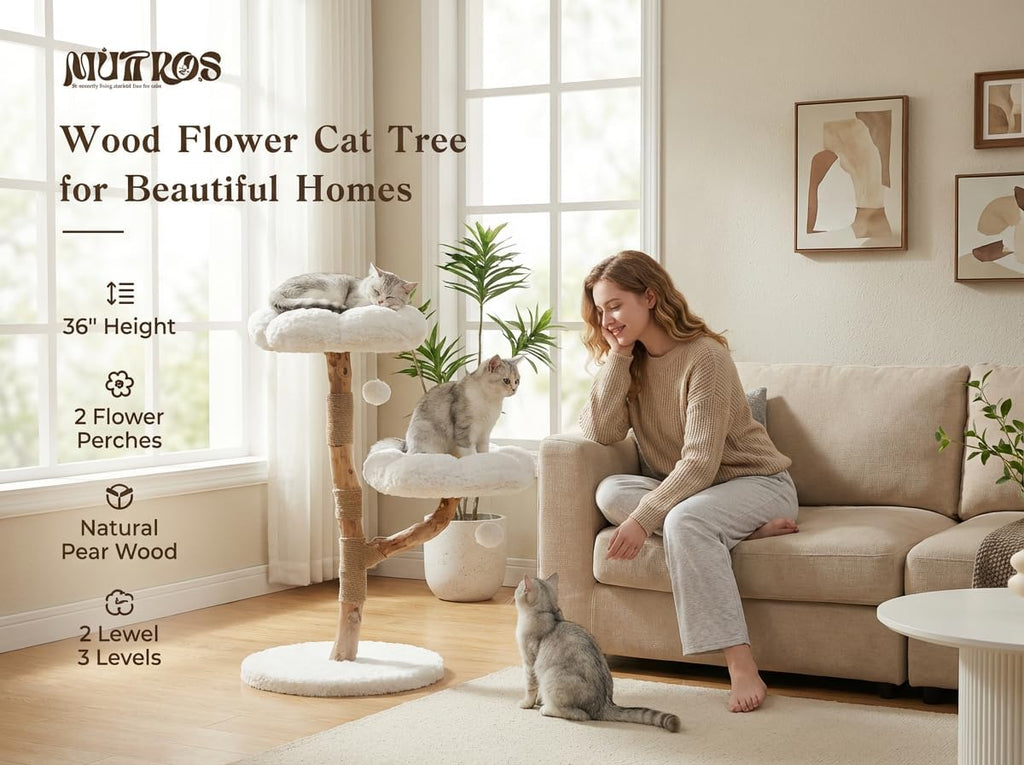 Wood Flower Cat Tree, Modern Cat Tower with Real Wood Branches, Luxury Boho Furniture with Scratching Post and 2