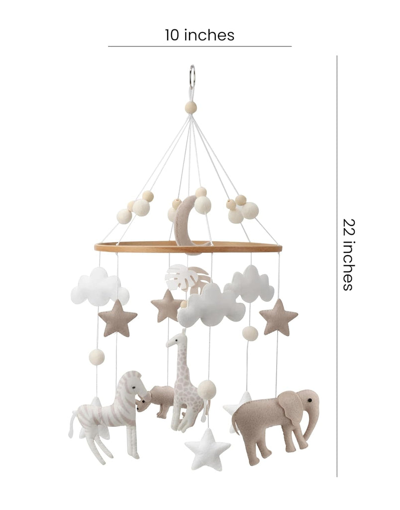 Safari Nursery Mobile Decoration, Neutral Felt Hanging Decor with Elephant, Giraffe, Zebra & Rhino, Boho Baby Room