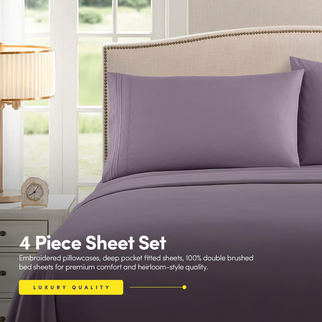1500 Thread Count Luxury Hotel Bed Sheets & Pillowcase Set, Full Size, Plum Color, Microfiber, Fitted Sheet with