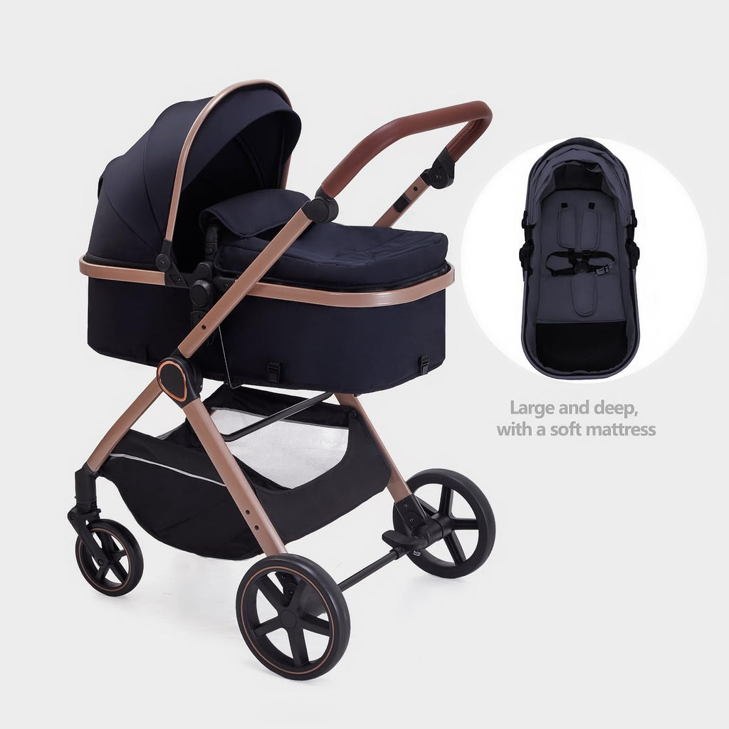2 in 1 Baby Stroller, Newborn Infant Toddler Convertible Bassinet Pram Stroller for 0-36 Months Old Babies (Black)