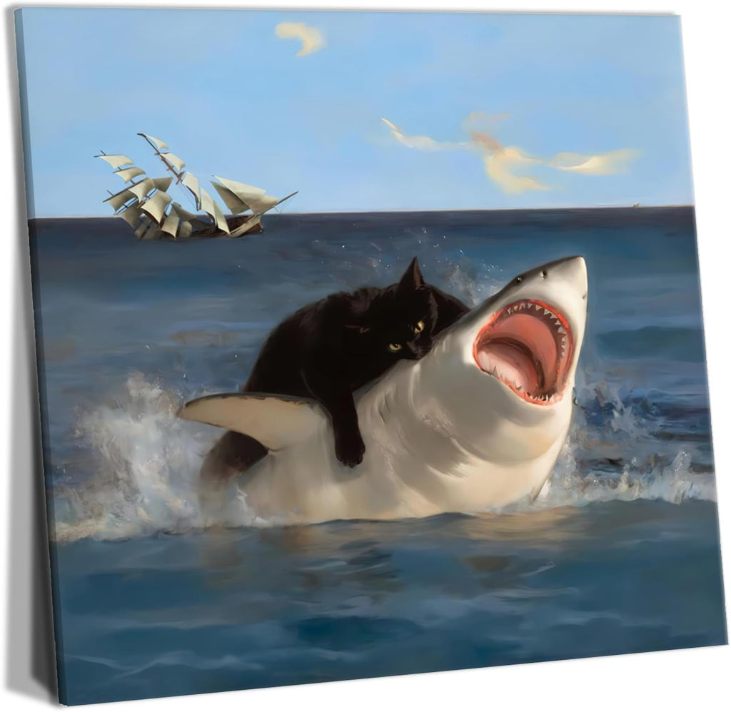 Framed Black Cat Bathroom Wall Art, Funny Quirky Cat and Shark Pictures Canvas Print, Abstract Black Cat Shark