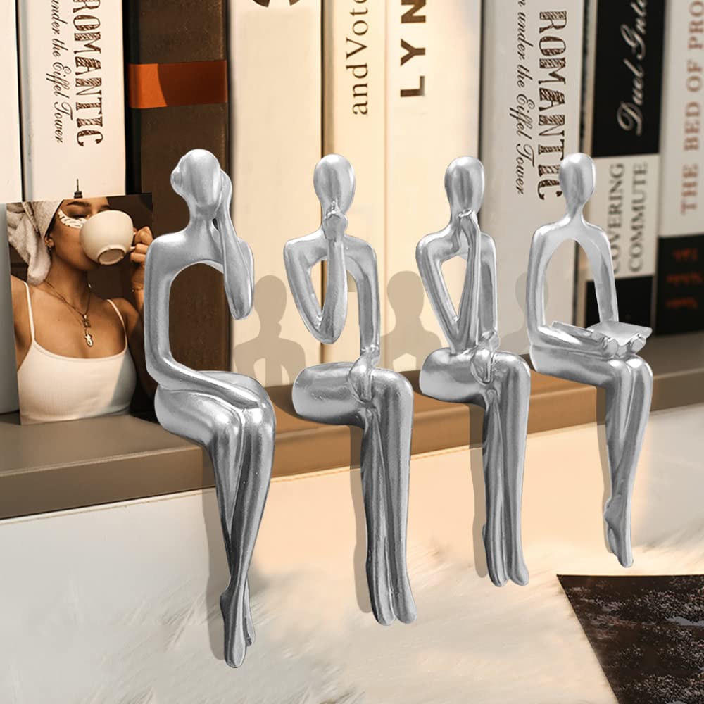 Silver Accent Decor Thinker Statuem, Statues Decorations Abstract Sitting Thinker Desk Sculpture Table Decor 4 Piece