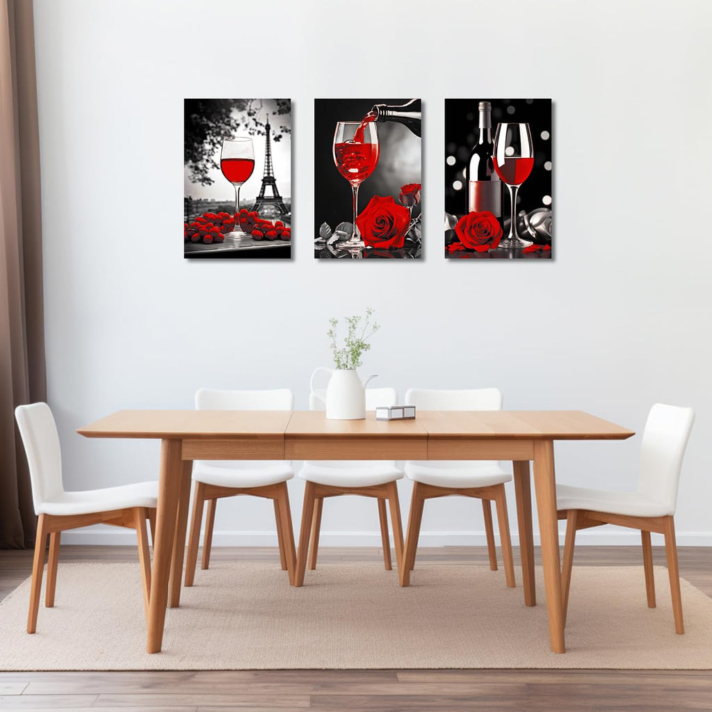 Wine Decor Kitchen Canvas Prints 3 Panel Black White and Red Wine with Rose Wall Eiffel Tower Painting Restaurant