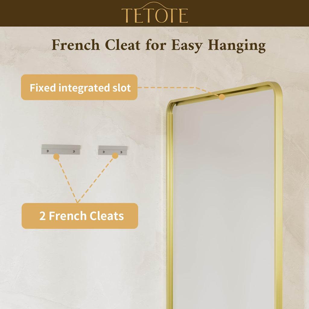 Brushed Gold Mirrors for Wall 30 x 36 Beveled Edge Tempered Glass, Rounded Corner Rectangle Framed Mirror for Modern