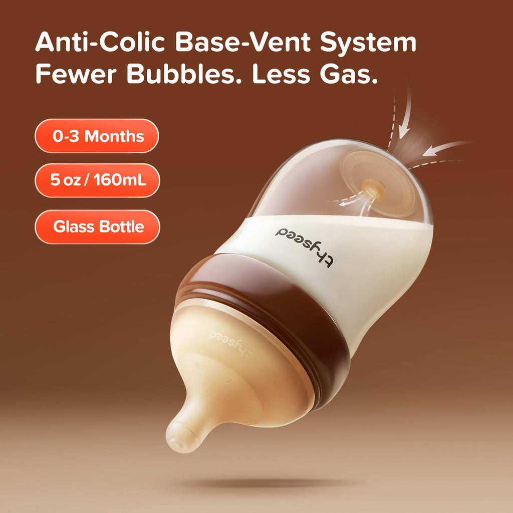 Anti-Colic Glass Baby Bottle for Breastfed Infants, Natural Feeding, Breast-Like Newborn Medium Flow Nipple (2m+), 5