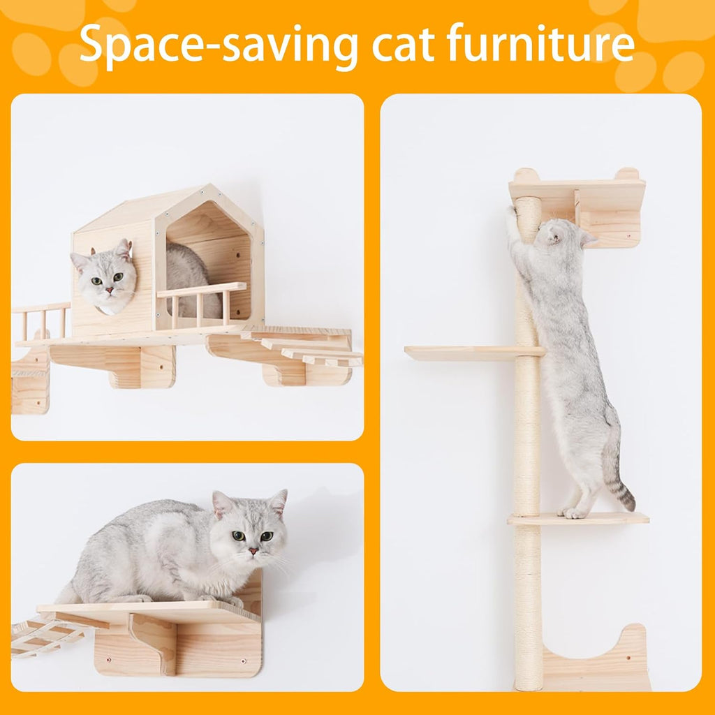 Cat Shelves for Wall - Cat Climbing Furniture Set for Large Cats with House, Bridge Ladder, 3 Scratching Posts & 5