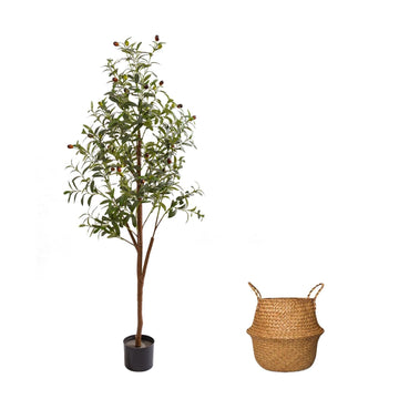 5FT Artificial Olive Tree Indoor, Tall Faux Olive Tree with Pot&Basket, Large Fake Olive Tree with Realistic 720 Silk