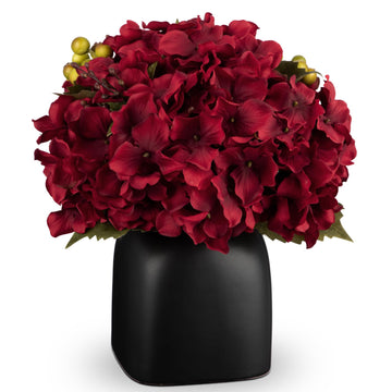 Hydrangea Artificial Flowers in Ceramic Black Vase, Burgundy Silk Hydrangea Centerpieces for Tables, Realistic Dining
