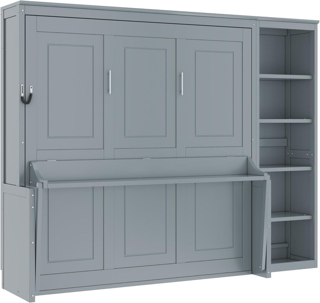 Queen Murphy Bed with Desk, Space Saving Wall Bed Queen with Bookshelf, Storage Shelves, Wood Slats, No Box Spring
