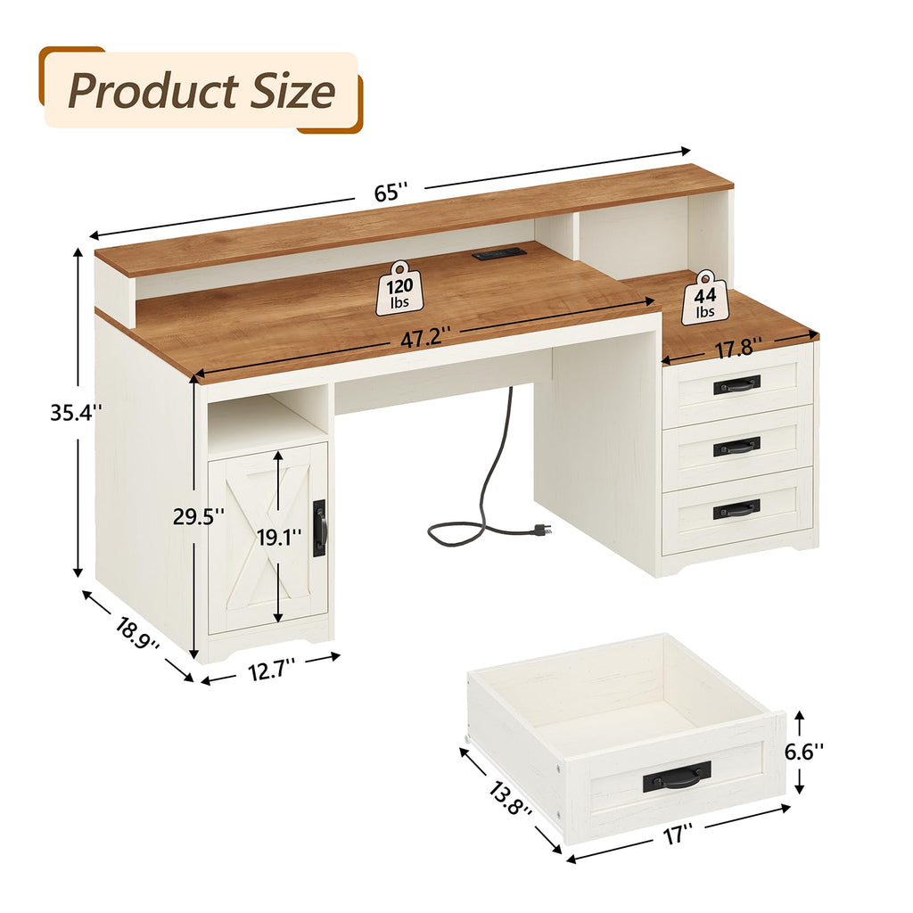 65" Farmhouse Computer Desk with Drawers and Printer Stand