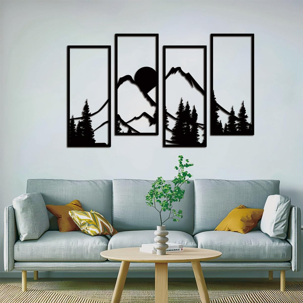 4 Pcs Black Metal Wall Art Sunset Mountain Forest Wall Decor22x9.4In