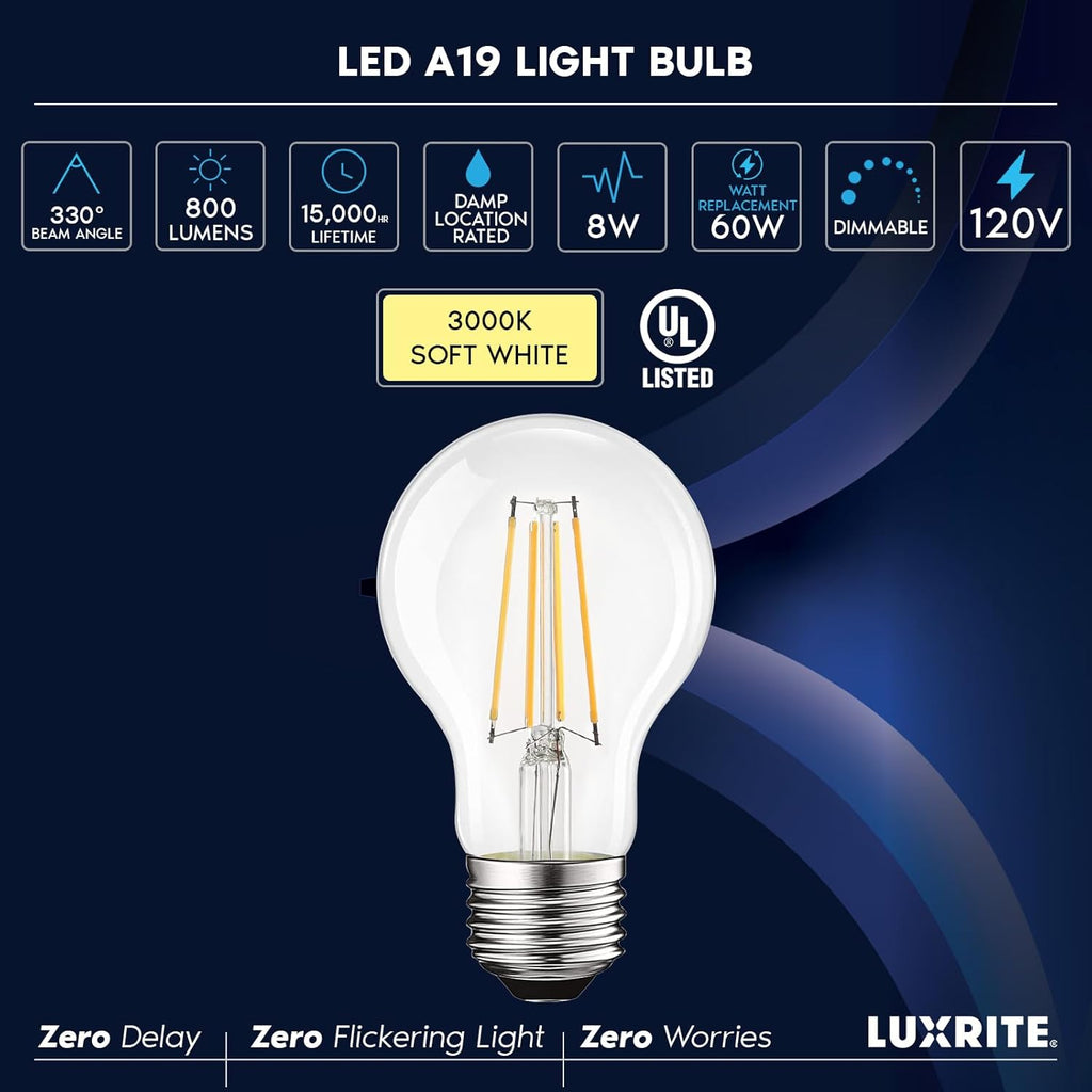Vintage A19 LED Light Bulbs 60W Equivalent, 3000K Soft White Dimmable, 800 Lumens, Standard LED Edison Bulb 8W, UL