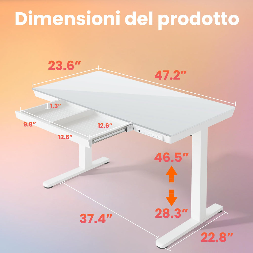 Glass Standing Desk with Drawers, 48 X 24 Inch Electric Adjustable Height Desk, Quick Install One-Piece Tabletop with